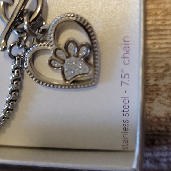🆕️ Stainless Steel Silver Bracelet Glitter Heart Paw Charm 7.5" chain 🐈 🐕 - Picture 4 of 6